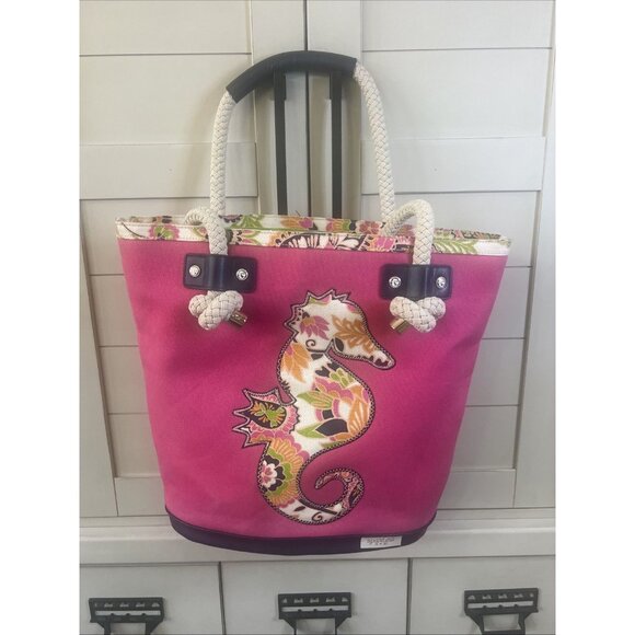 Spartina 449 Handbags - Spartina 449 Salt Meadow Beach Bag Pink Seahorse Print Linen Lined Rope Handle
